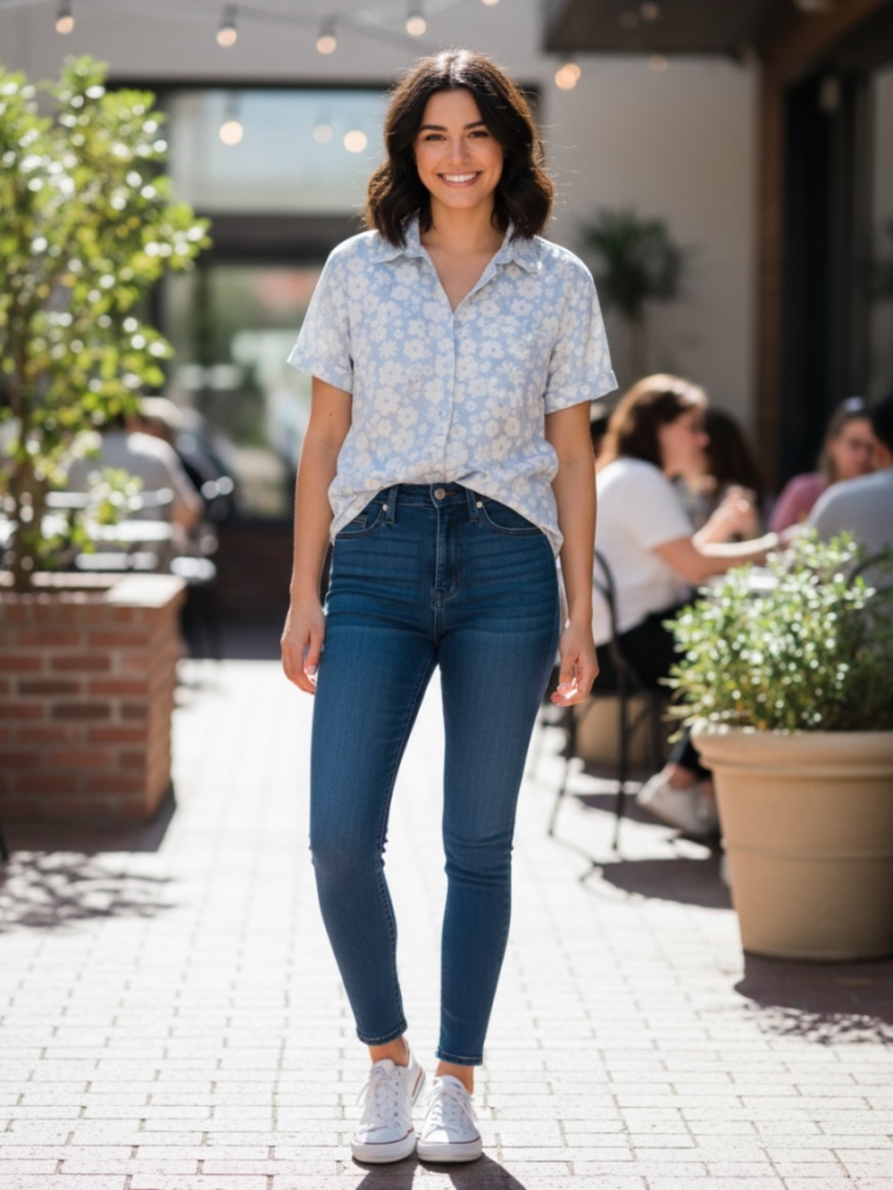 Blue blouse with white flowers Med